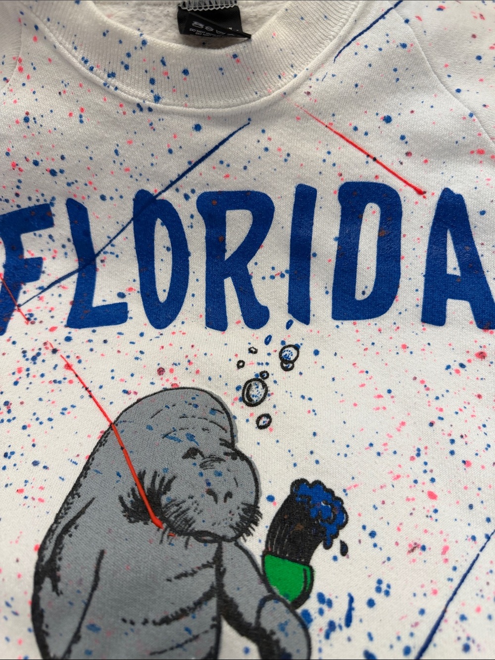 Vintage 80s Florida Manatee Paint Splatter Sweatshirt XL Screen Stars USA - Picture 5 of 11